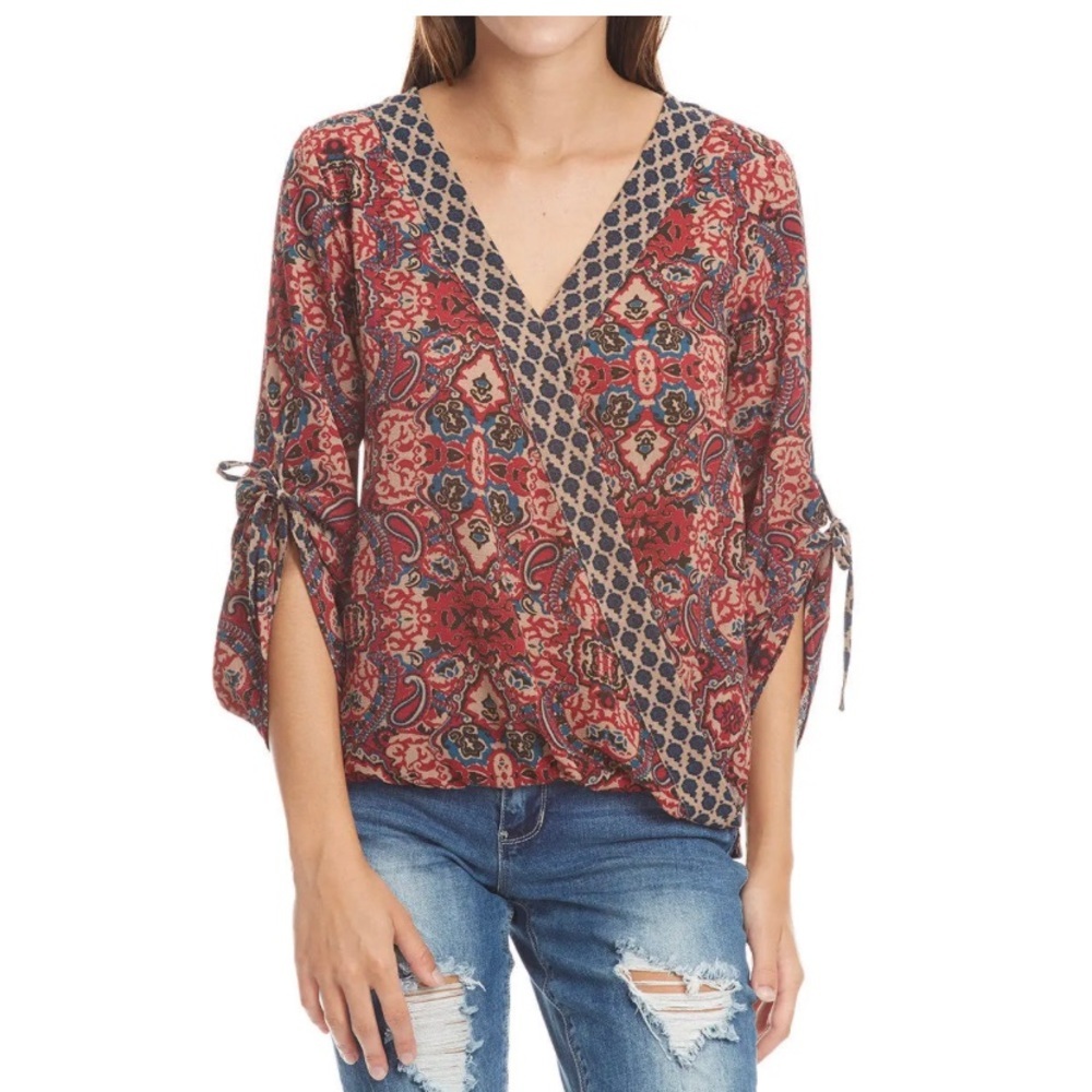 Paisley V-Neck Blouse - Red and Blue